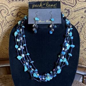 Park Lane True Blue Multi strand Turquoise Pearl Glass Necklace & Earrings Set